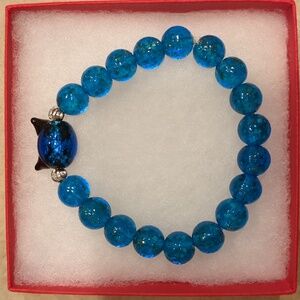 Bright Blue Glass Beaded Bracelet with Cat Charm